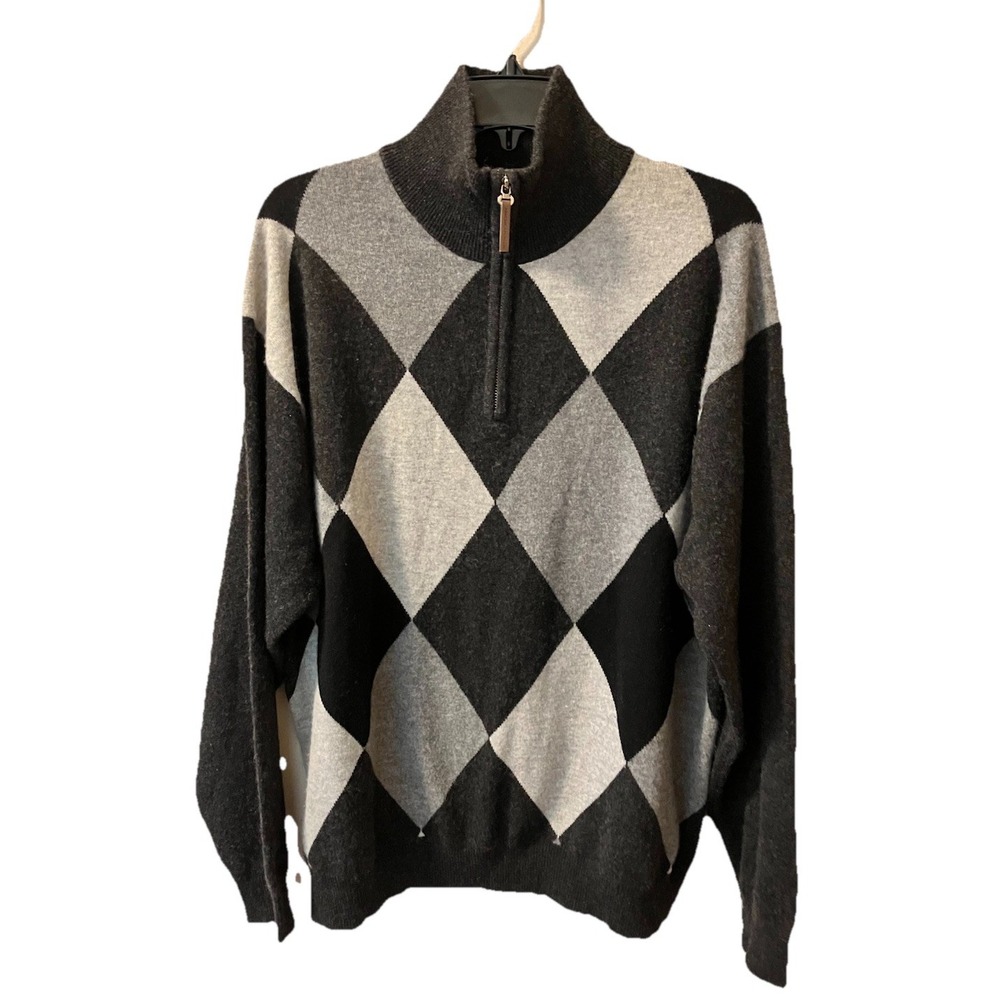 Mens' American‎ Blue Cashmere Sweater Argyle 1/4 zip XL Black Gray